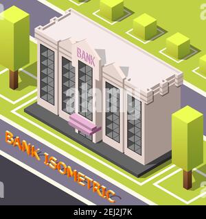 Isometrische Rechnungslegung Hintergrund mit städtischen Straße Landschaft kubischen Bäumen und bankgebäude mit Textvektordarstellung Stock Vektor