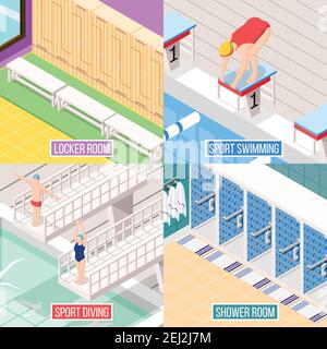 Isometrisches Schwimmbad 2x2 Design-Konzept mit Bildern von Athleten Und Elemente der Inneneinrichtung Vektor-Illustration Stock Vektor