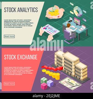 Aktienanalyse und Börse horizontale Banner mit funktionstüchtigen Makler Und Austausch Gebäude isometrische Kompositionen Vektor Illustration Stock Vektor