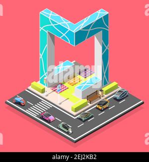 Stadt Konstruktor isometrisches Element mit Straße Fußgänger Kreuzung futuristischen Autos Und abstrakte Architektur Vektor Illustration Stock Vektor