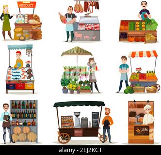 Street Food Icons Set mit Gemüse Fleisch und Wein flach Isolierte Vektordarstellung Stock Vektor