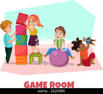 Spielzimmer mit Kinderspielzeug und spielen Symbole flach Vektor Abbildung Stock Vektor