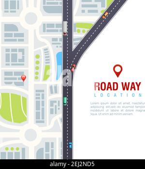 Straßennavigationsplakat mit Fahrzeugen auf Autobahn, Stadtplan mit Ortsschild auf weißem Hintergrund Vektor-Illustration Stock Vektor