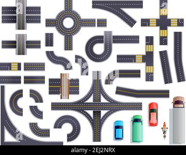 Satz von Straßenteilen mit Straßenrand und Markierung einschließlich Kreuzungen, Kreuzungen, Kreuzungen, Brücken, Fahrzeuge isoliert Vektor-Illustration Stock Vektor