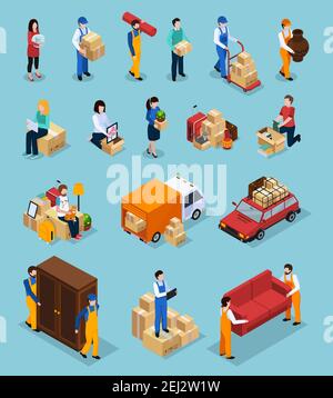 Relocation Service isometrische Symbole mit Kunden und Lader, Pakete, Möbel, Fahrzeuge isoliert auf blauem Hintergrund Vektor-Illustration Stock Vektor