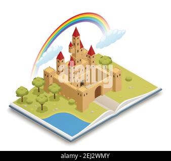 Märchen öffnen Buch mit 3D mittelalterlichen Burg Regenbogen Obstgarten Und Teich isometrische Zusammensetzung Vektor Illustration Stock Vektor