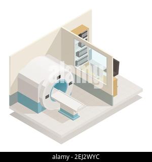 Medizinische diagnostische Geräte isometrische Zusammensetzung mit mrt-Magnetresonanztomographie Vektordarstellung der Röntgeneinheit des Scanners Stock Vektor