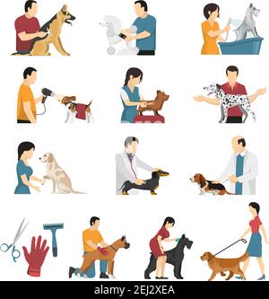 Grooming Service Tierarzt Hunde Satz von isolierten flachen Bildkompositionen Von menschlichen Charakteren mit Haustieren Vektor-Illustration Stock Vektor