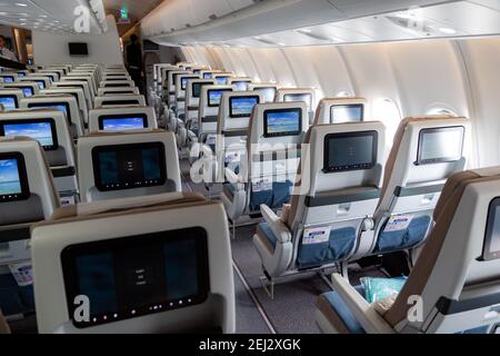 Kabinenansicht des Airbus A3330neo Passagierflugzeugs von Air Mauritius auf der Paris Air Show. Frankreich - 20. Juni 2019 Stockfoto