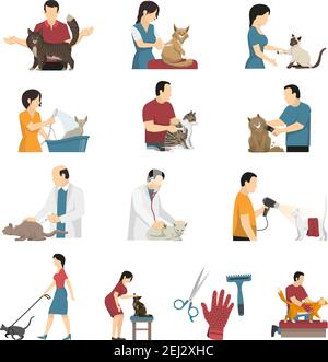 Grooming Service Vet Katze Satz von flach isoliert Symbole Mensch Zeichen Tiere und Friseur Ausrüstung Artikel Vektor Illustration Stock Vektor