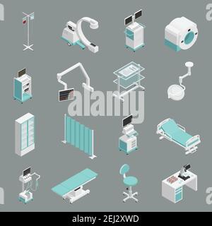 Erfassung isometrischer Symbole für medizinische Geräte im Krankenhaus mit Operationstabelle Patient Betteninfuse und mri-Scanner isolierte Vektordarstellung Stock Vektor