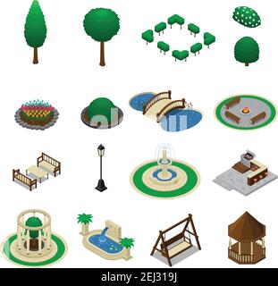 Isometrische Landschaft Design Konstruktor Elemente Sammlung von isolierten Garten Park Elemente Bäume Bänke und Schutz Schuppen Vektor-Illustration Stock Vektor