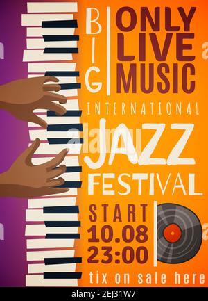 Jazz Festival vertikale Poster mit Händen der afrikanischen Person spielen auf Klavier, Platte, orangenen Hintergrund Vektor-Illustration Stock Vektor