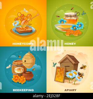 Honey Design-Konzept mit Bienen und Blumen, Wabe, Bienenhaus, Imkerei isoliert auf Farbe Hintergrund Cartoon Vektor Illustration Stock Vektor