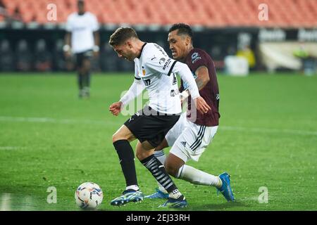 Manu Vallejo von Valencia CF erzielt ein Tor während der Spanische Meisterschaft La Liga Fußballspiel zwischen Valencia CF und R/LM Stockfoto