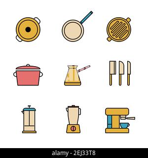 Set von einfachen farbigen Restaurant Utensilien, Utensilien für die Zubereitung von Lebensmitteln Symbol in trendigen Linie Stil isoliert auf weißem Hintergrund für Web-Apps und mobil Stock Vektor
