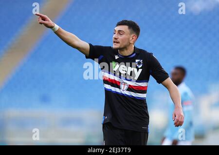 Rom, Italien. Februar 2021, 20th. Alex Ferrari von Sampdoria Gesten während der italienischen Meisterschaft Serie EIN Fußballspiel zwischen SS Lazio und UC Sampdoria am 20. Februar 2021 im Stadio Olimpico in Rom, Italien - Foto Federico Proietti/DPPI/LiveMedia/Sipa USA Kredit: SIPA USA/Alamy Live News Stockfoto
