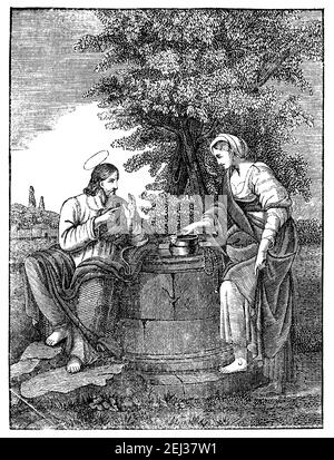 Jesus Christus spricht mit Samariter Frau in der Nähe gut.Vintage antike Illustration oder Zeichnung. Bibel, Neues Testament. Stockfoto