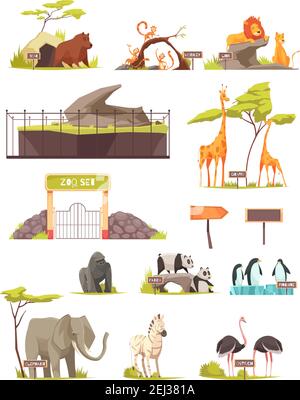 Zoo Tiere Cartoon Icons Sammlung mit Zebra Elefant Vogel Strauß Löwen Giraffe Panda Pinguine isoliert Vektor-Illustration Stock Vektor