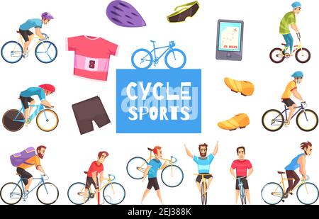 Radsport Sportteilnehmer und Kleidung isoliert auf weißem Hintergrund Cartoon Vektorgrafik Stock Vektor