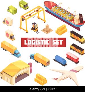 Logistik Lagerhaus Transport Industrie Lagereinrichtung isometrische Elemente Sammlung mit LKW Flugzeuge und Frachtschiff Vektor illustraa Stock Vektor