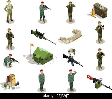 Armee Personal Militär-Kit persönliche Habseligkeiten Munition Waffe isometrische Symbole Sammlung mit Soldaten in uniform isoliert Vektor-Illustration Stock Vektor