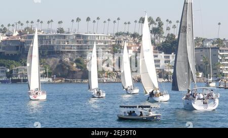 NEWPORT BEACH, CALIFORNIA, USA - 03 NOV 2019: Marina Resort mit Yachten und Segelbooten, Pazifikküste bei Los Angeles. Regatta der nautischen Schiffe, sa Stockfoto