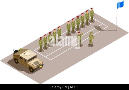Militärischer Kontingent Reihe mit Divisionskommandeur grüssend zum überlegenen Offizier Isometrische Zusammensetzung mit Armee Nutzfahrzeug Vektor Illustration Stock Vektor
