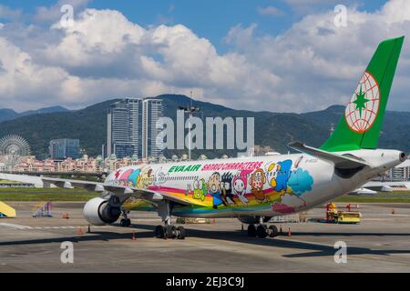 Eva Air Hello Kitty Flugzeug Rückansicht. Stockfoto