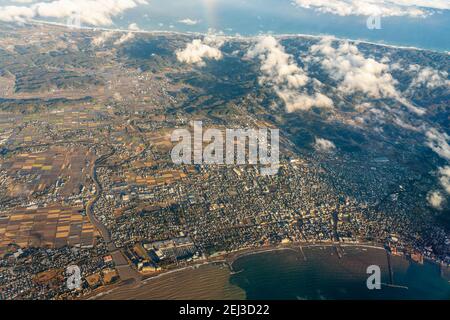 Luftaufnahme von Tateyama Stadt, Minamiboso Stadt, Süd Boso Halbinsel, Chiba Präfektur, Japan. Stockfoto