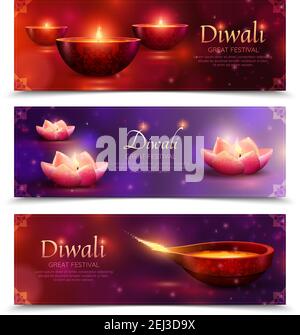 Diwali Feier Set von horizontalen Banner mit brennenden Öllampen Auf funkelndem dunklen Hintergrund isolierte Vektor-Illustration Stock Vektor