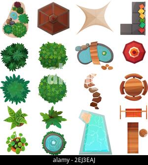 Set von Landschaft Design-Elemente Draufsicht mit grünen Pflanzen, Schwimmbad, Sonnenschirme, Gehweg isoliert Vektor-Illustration Stock Vektor