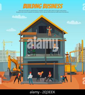 Hausbau, Szene mit Arbeitern, professionelle Werkzeuge, Baumaschinen auf blauen Himmel Hintergrund Vektor-Illustration Stock Vektor