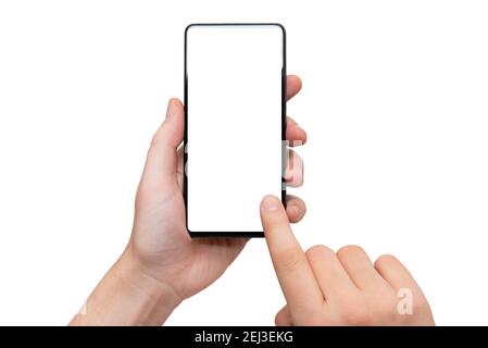 Gerätemockup, mobil isoliert auf weiß. Modernes Smartphone in den Händen Stockfoto