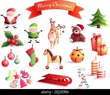 Set von Cartoon-Symbole mit weihnachtsschmuck einschließlich weihnachtsmann, Jahrbaum, Geschenke, Tiere, Kerzen isoliert Vektor-Illustration Stock Vektor