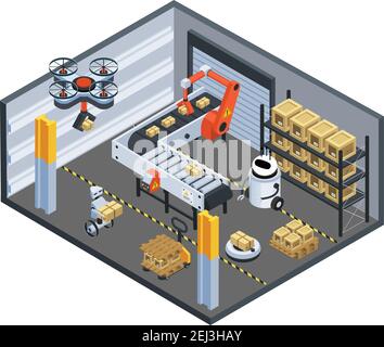 Automatische Logistikzustellung isometrische Zusammensetzung mit Drohnenförderband Und Roboterarm, der Pakete sortiert, Vektordarstellung Stock Vektor