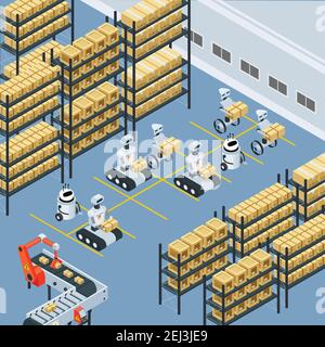 Automatisierte Logistik Lager Lagereinrichtung isometrische Zusammensetzung mit unbemannten Robotern Sortieren Verschieben und Platzieren von Paketen Vektordarstellung Stock Vektor