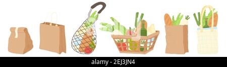 Set von Doodle wiederverwendbare Einkaufstaschen. Niedliche Zero Waste Elemente. Handgezeichnete Eco Life-Illustration. Sammlung von Produkten Taschen für den Einkauf, Lagerung. Stock Vektor