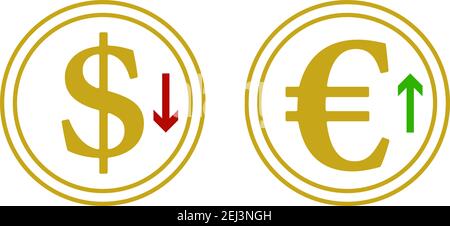 Fallender Dollar Und Wachstum Euro Coins Symbol. Flaches Farbdesign. Vektorgrafik. Stock Vektor