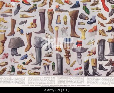 Vintage-Illustrationen von Stiefeln und Schuhen - Beispiele von Fußbekleidung im Innen- und Außenbereich aus der Antike und Neuzeit. Stockfoto