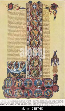 Bibel - Seite aus einer Bibel aus dem 14th. Jahrhundert in der Kathedrale von Gerona, Spanien. Stockfoto