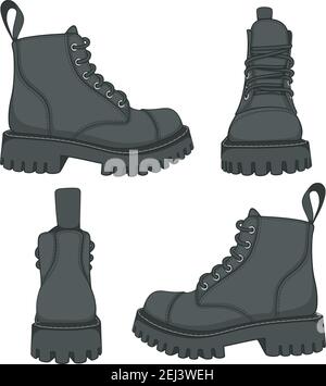 Vektor-Set von Zeichnungen mit schwarzen Stiefeln. Isolierte Objekte auf weißem Hintergrund. Stock Vektor