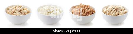Set von verschiedenen Frühstück Porridges isoliert auf weißem Hintergrund Stockfoto