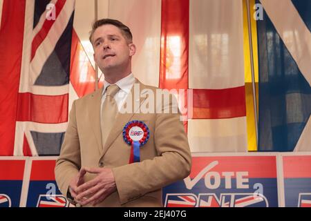 Richard Barnbrook BNP's London Mayoral Candidate and Leader of the Oppositions on Barking and Dagenham Borough Council, sprach auf den Pressekonferenzen zur Einleitung der Kampagne der British Nationalist Party (BNP) für die London Mayoral and Great London Authority (GLA)-Wahl 2008. The Eastbrook Public House, 835 Dagenham Road, London, Großbritannien. 12 April 2008 Stockfoto