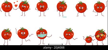 Set von niedlichen Tomaten Zeichen mit verschiedenen Emotionen Stock Vektor