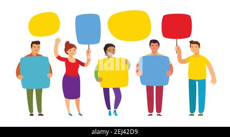 Menschen mit Plakaten. Konzept der Zusammenarbeit und Teamarbeit Stock Vektor