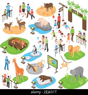 City Zoo isometrische Set mit Erwachsenen und Kindern Besucher und Tiere afrikanischer arktischer asiatischer Zonen isolierte Vektordarstellung Stock Vektor
