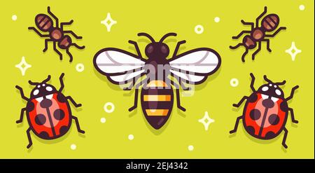 Cartoon Insekten Illustration auf einem hellen Banner. Biene, Ameisen und Marienkäfer. Einfaches Vektor-Clip-Art-Set. Stock Vektor