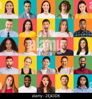 Collage verschiedener Menschen, die unterschiedliche Emotionen ausdrücken Stockfoto