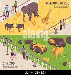 Set von zwei isometrischen Zoo horizontale Banner mit Kompositionen von afrikanische Tiere Besucher und editierbare Text Vektor Illustration Stock Vektor